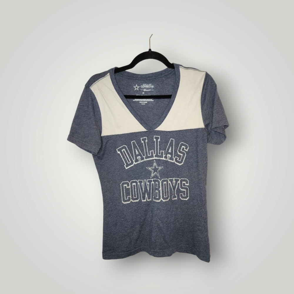 Dallas Cowboys Shirt Women Sz M Blue Short Sleeve T-Shirt V Neck Glitter - Picture 4 of 8